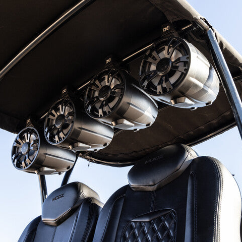 SoundExtreme tower speakers mounted on a golf cart